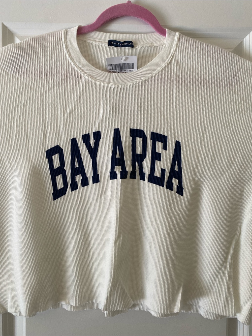 Brandy Melville Cream Crewneck with Navy 'BAY AREA' Lettering